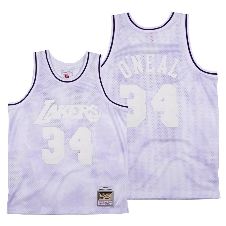 Men's Los Angeles Lakers Shaquille O'Neal #34 NBA Cloudy Skies Mesh Hardwood Classics Grey Basketball Jersey CTT3083DF